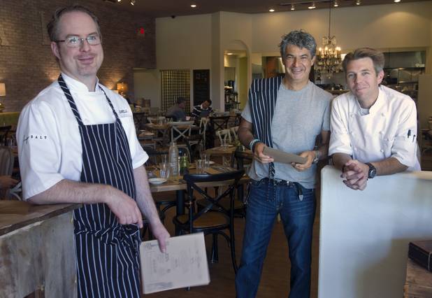 Executive chef Joe Zanelli, left, owner Kim Canteenwalla, and Sean Kahlenberg, Blau & Associates corporate chef, pose at Honey Salt, a new restaurant at 1031 S Rampart Blvd, Monday, Oct. 22, 2012.