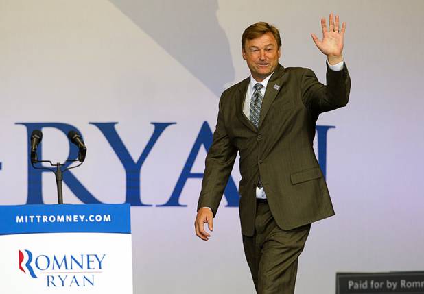 Sen. Dean Heller (R-NV) arrives for a Romney-Ryan campaign rally at the Henderson Pavilion Tuesday, Oct. 23, 2012.