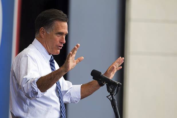 Republican presidential candidate Mitt Romney speaks during a campaign rally at the Henderson Pavilion Tuesday, Oct. 23, 2012.