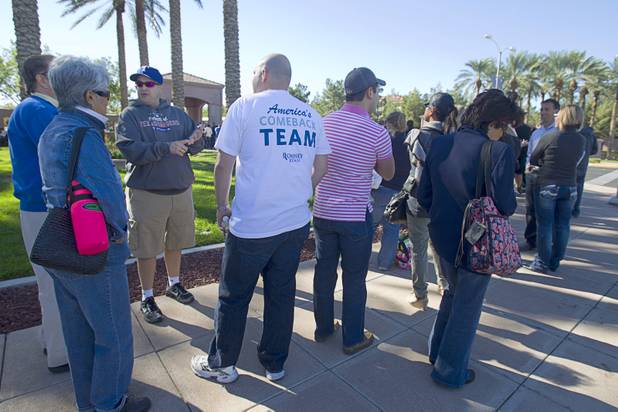 Romney supporters wait in line for the Mitt Romney-Paul Ryan campaign rally at the Henderson Pavilion Tuesday, Oct. 23, 2012.