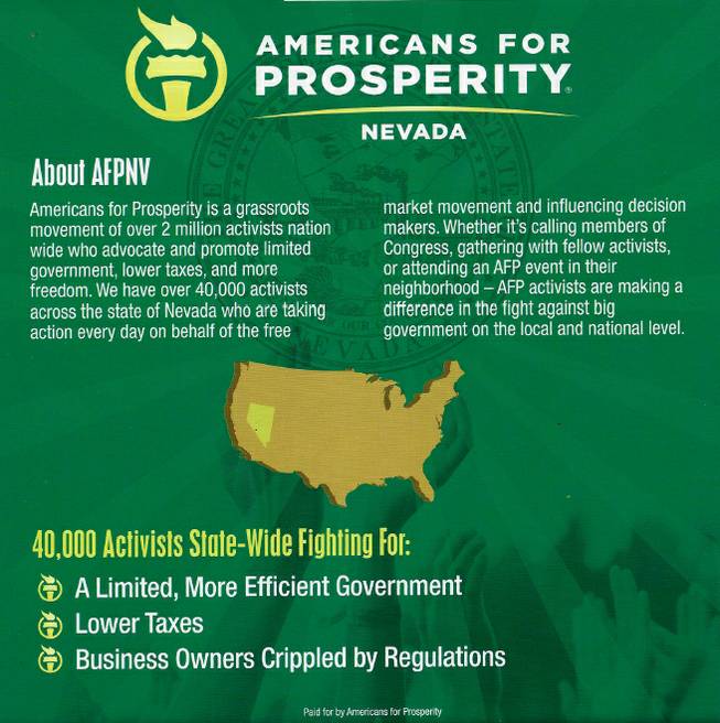 The back page of an Americans For Prosperity mailer targeting Sheila Leslie's economic policies presents information about the organization. 