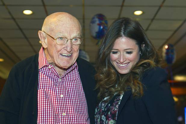 Las Vegas gaming pioneer Jackie Gaughan is shown with  Alexandra Epstein, executive vice president of the El Cortez, as he celebrates his 92nd birthday with a champagne and cake celebration at the El Cortez in downtown Las Vegas, Wednesday, Oct. 24, 2012.