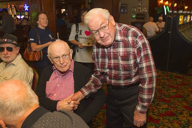 Las Vegas gaming pioneer Jackie Gaughan, left, poses with friend Bernie Bogatz at the El Cortez in downtown Las Vegas, Wednesday, Oct. 24, 2012. Bogatz attended the same Omaha high school as Gaughan although they did not attend high school at the same time, he said.