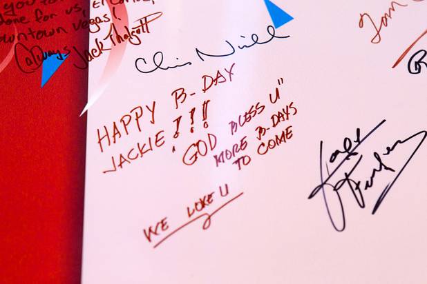Bithday wishes cover a card for Las Vegas gaming pioneer Jackie Gaughan during his 92nd birthday at the El Cortez in downtown Las Vegas, Wednesday, Oct. 24, 2012.