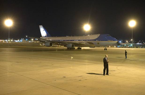 Air Force One taxis after arriving at McCarran International Airport Wednesday, Oct. 24, 2012.