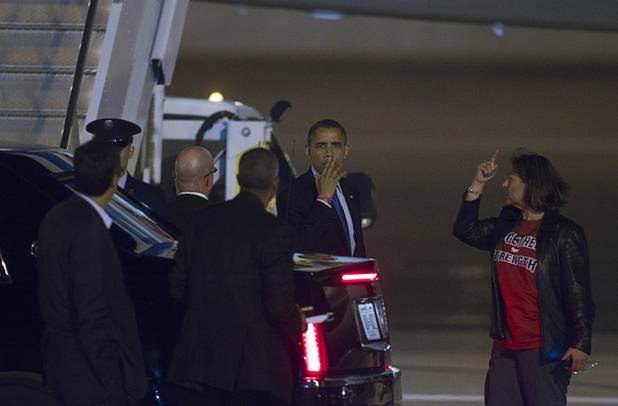 President Barack Obama prepares to leave McCarran International Airport after a campaign rally in Las Vegas Wednesday, Oct. 24, 2012.