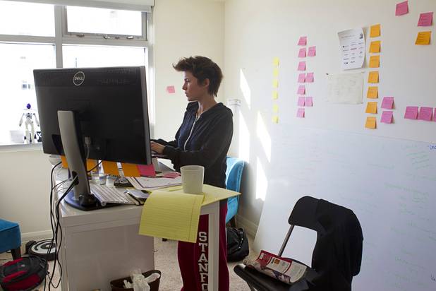Jen McCabe, head of operations and business development, works at the Romotive offices in downtown Las Vegas Wednesday, Oct. 24, 2012. The new Romo with enhanced features can be ordered on kickstarter.com and is featured in the Neiman Marcus Holiday catalog.