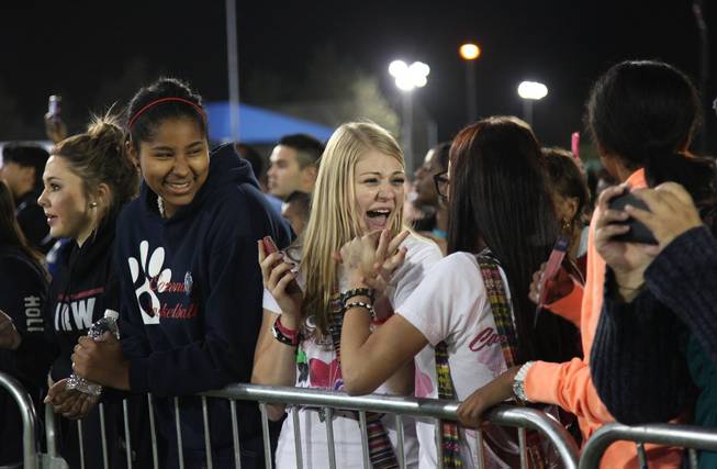 Elina Motola, 16, screams to her friend Gabriella Benitez, 17 as Katy Perry is announced while Samantha Green, 15 looks on. Benitez described Perry as "her idol."
