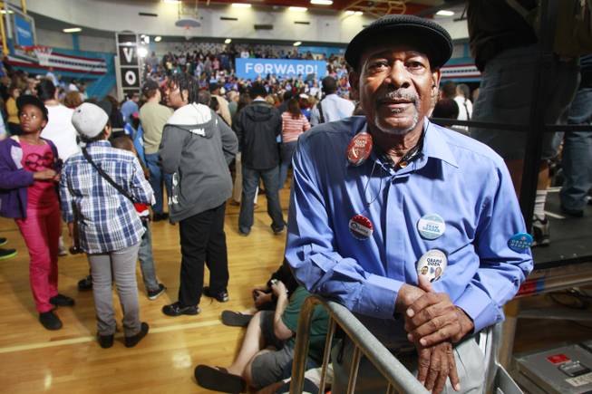 Obama campaign volunteer Irwin Nelson is seen before an appearance by first lady Michelle Obama at Orr Middle School Friday, Oct. 26, 2012.