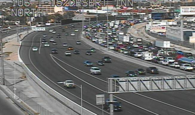 This screen grab from a freeway traffic camera on Interstate 15 near Desert Inn Road shows the traffic backup from a crash Friday afternoon that involved Sen. Harry Reid.
