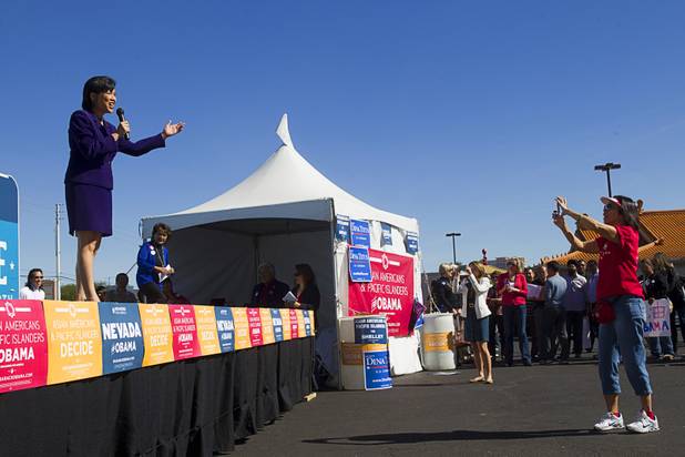 California Congresswoman Judy Chu speaks during an Asian American and Pacific Islander early voting rally for President Obama at the Chinatown Mall on Saturday, Oct. 27, 2012.