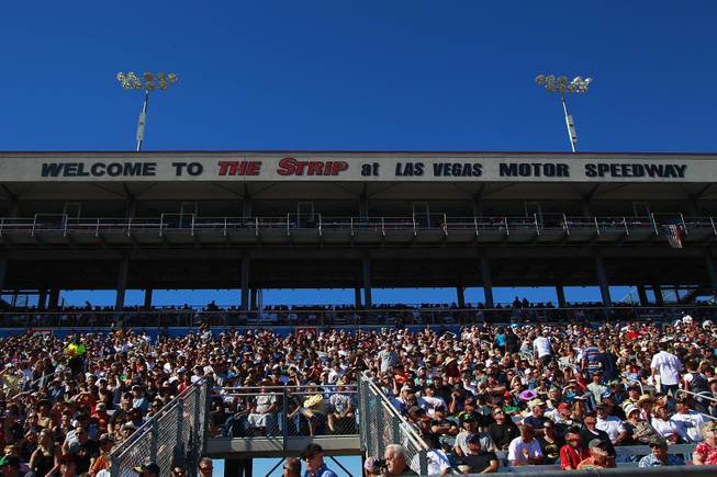The grandstand is seen during the 12th Annual Big O Tires Nationals NHRA drag race on The Strip at Las Vegas Motor SpeedwaySunday, Oct. 28, 2012.