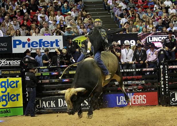 Brazilian bull rider Silvano Alves competes during the Built Ford Tough Series Professional Bull Riders (PBR) World Finals at the Thomas & Mack Center Sunday, Oct. 28, 2012. Alves won the series championship becoming the first bull rider with back-to-back series titles in PBR.