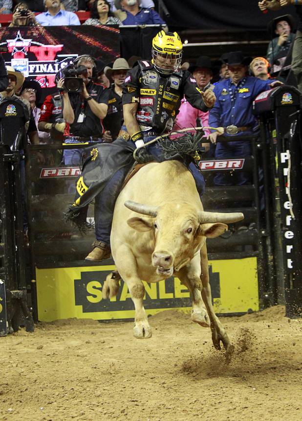 Brazilian bull rider Silvano Alves competes during the final round of the Built Ford Tough Series Professional Bull Riders (PBR) World Finals at the Thomas & Mack Center Sunday, Oct. 28, 2012. Alves won the series championship becoming the first bull rider with back-to-back series championships in PBR.