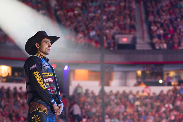 Brazilian bull rider Silvano Alves stands during rider introductions for the Built Ford Tough Series Professional Bull Riders (PBR) World Finals at the Thomas & Mack Center Sunday, Oct. 28, 2012. Alves won the series championship becoming the first rider to win back-to-back series titles in PBR.