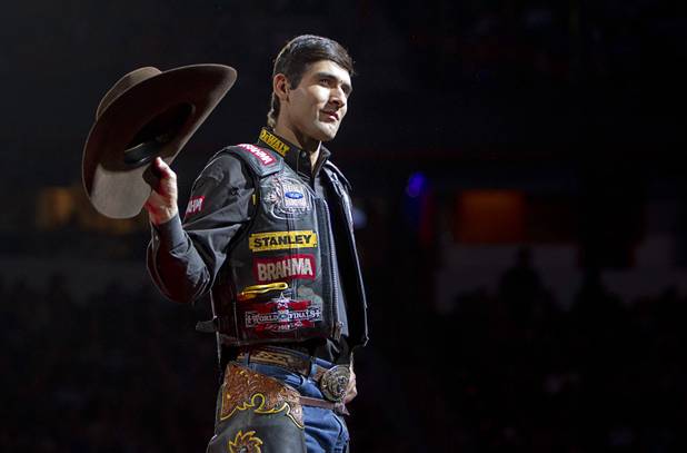 Brazilian bull rider Silvano Alves is introduced during the Built Ford Tough Series Professional Bull Riders (PBR) World Finals at the Thomas & Mack Center Sunday, Oct. 28, 2012. Alves won the series championship for the second consecutive year.