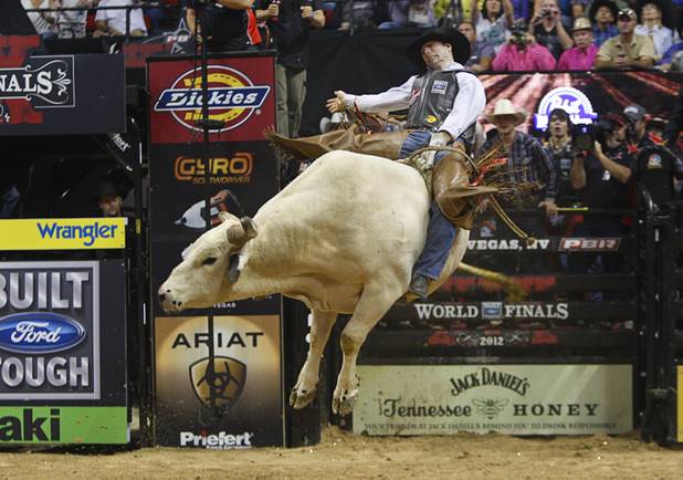 Jared Farley of Australia competes during the Built Ford Tough Series Professional Bull Riders (PBR) World Finals at the Thomas & Mack Center Sunday, Oct. 28, 2012.