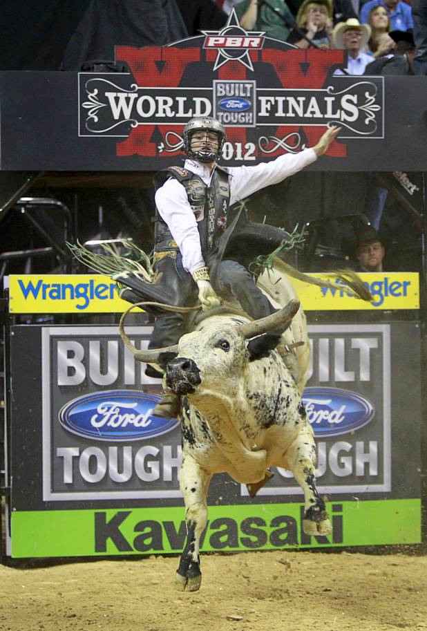 Jordan Hupp of Cheyenne, Wyo. competes during the Built Ford Tough Series Professional Bull Riders (PBR) World Finals at the Thomas & Mack Center Sunday, Oct. 28, 2012.