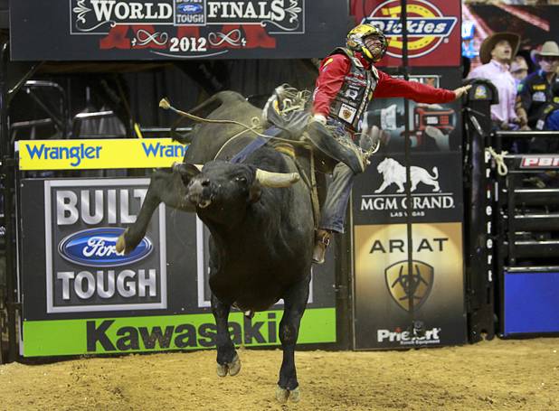 Luke Snyder of Raymore, Mo. competes during the Built Ford Tough Series Professional Bull Riders (PBR) World Finals at the Thomas & Mack Center Sunday, Oct. 28, 2012.