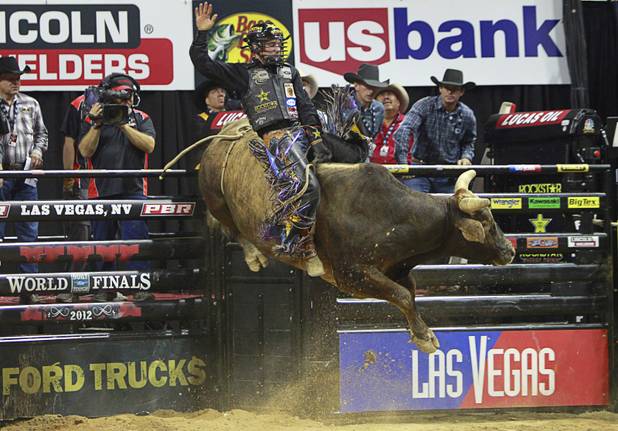 Stormy Wing of Dalhart, Texas competes during the Built Ford Tough Series Professional Bull Riders (PBR) World Finals at the Thomas & Mack Center Sunday, Oct. 28, 2012.