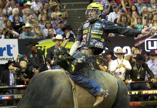 Silvano Alves of Brazil competes during the Built Ford Tough Series Professional Bull Riders (PBR) World Finals at the Thomas & Mack Center Sunday, Oct. 28, 2012. Alves won the series championship becoming the first rider to win back-to-back series titles in PBR.