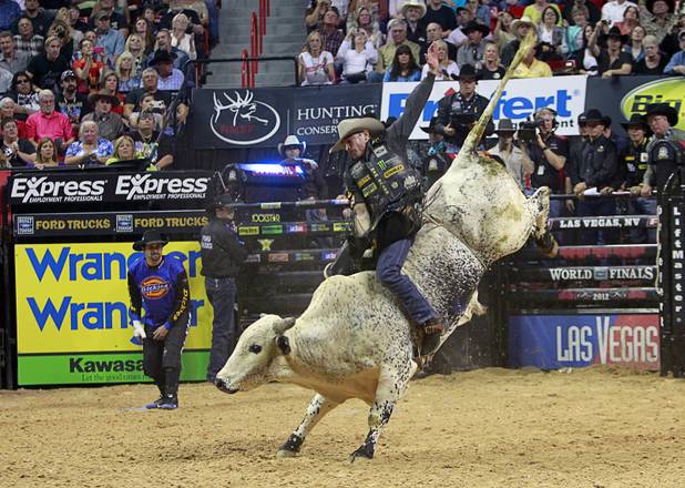 Guilherme Marchi of Brazil competes during the Built Ford Tough Series Professional Bull Riders (PBR) World Finals at the Thomas & Mack Center Sunday, Oct. 28, 2012.