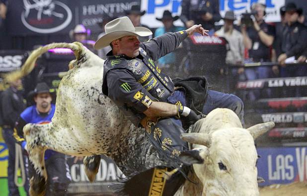 Guilherme Marchi of Brazil competes during the Built Ford Tough Series Professional Bull Riders (PBR) World Finals at the Thomas & Mack Center Sunday, Oct. 28, 2012.
