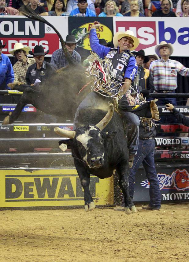 Renato Nunes of Brazil competes during the Built Ford Tough Series Professional Bull Riders (PBR) World Finals at the Thomas & Mack Center Sunday, Oct. 28, 2012.