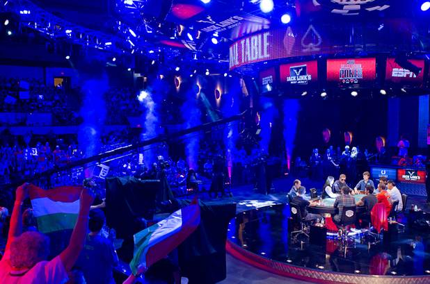Play begins at the World Series of Poker Main Event final table at the Rio on Monday, Oct. 29, 2012. 