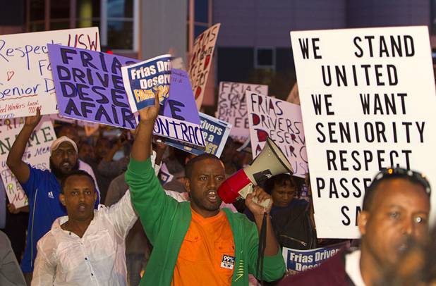 Cab drivers hold an informational picket at the intersection of Convention Center Drive and Paradise Road in front of the Las Vegas Convention Center Wednesday, October 31, 2012. The drivers' unions are in a contract dispute with Frias Transportation and disagree with proposed changes in the companys seniority policies. They also say the company does not pay drivers fair wages.