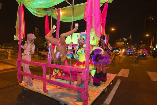 The Pebbles and Bamm-Bamm Gentleman's Club car makes its way north on 4th Street during third annual Halloween Parade in downtown Las Vegas Wednesday, October 31, 2012.