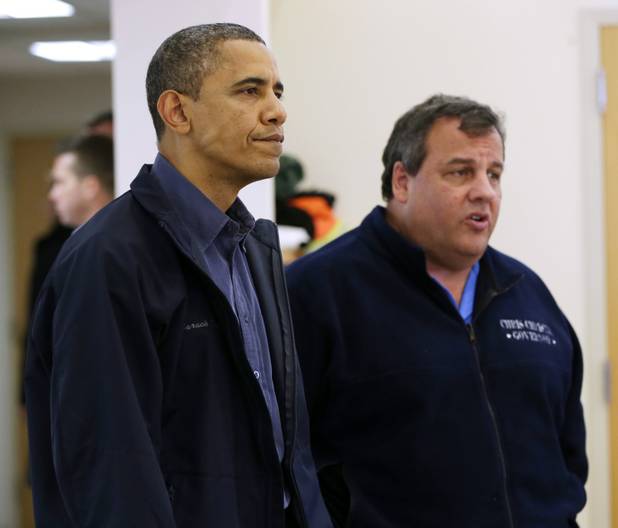 President Barack Obama and New Jersey Gov. Chris Christie visit the Brigantine Beach Community Center to meet with local residents, Wednesday, Oct. 31, 2012,  in Brigantine, NJ. Obama traveled to Atlantic Coast to see first-hand the relief efforts after Superstorm Sandy damage the Atlantic Coast. (AP Photo/Pablo Martinez Monsivais)