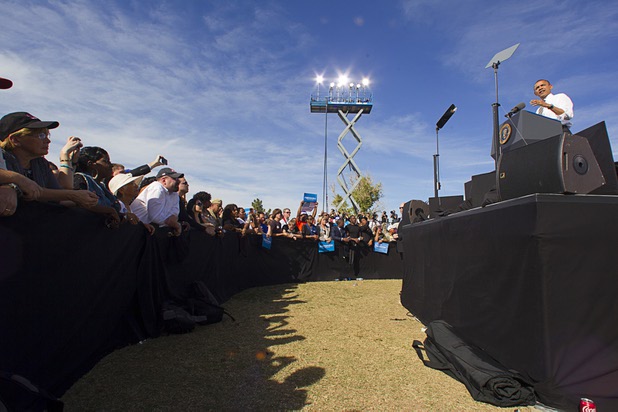 President Barack Obama speaks at a campaign rally at the Cheyenne Sports Complex near the College of Southern Nevada in North Las Vegas Thursday, Nov. 1, 2012.
