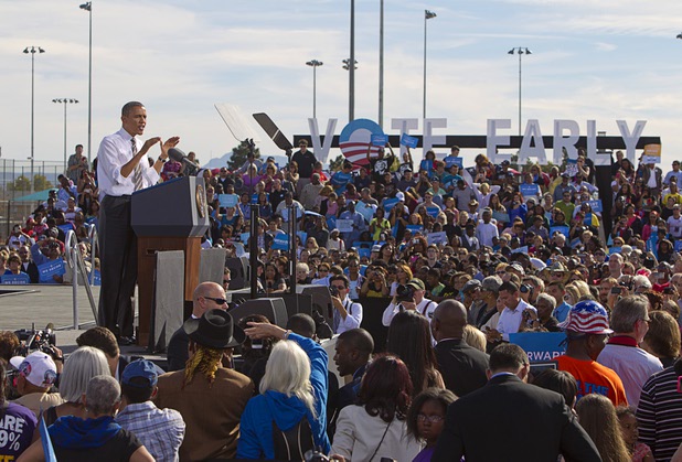 President Barack Obama speaks at a campaign rally at the Cheyenne Sports Complex near the College of Southern Nevada in North Las Vegas Thursday, Nov. 1, 2012.