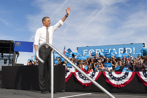 President Barack Obama waves at the conclusion of a campaign rally at the Cheyenne Sports Complex near the College of Southern Nevada in North Las Vegas Thursday, Nov. 1, 2012.