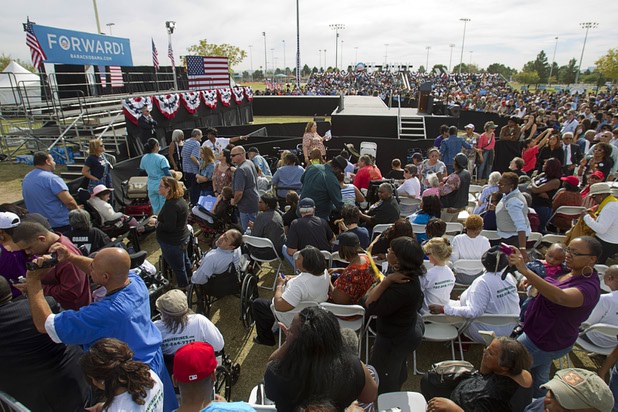 Supporters of President Barack Obama listen to entertainer Sheila E. before a campaign rally at the Cheyenne Sports Complex near the College of Southern Nevada in North Las Vegas Thursday, Nov. 1, 2012.