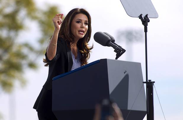 Actress and National Campaign Co-Chair Eva Longoria speaks during President Barack Obama's campaign rally at the Cheyenne Sports Complex near the College of Southern Nevada in North Las Vegas Thursday, Nov. 1, 2012.