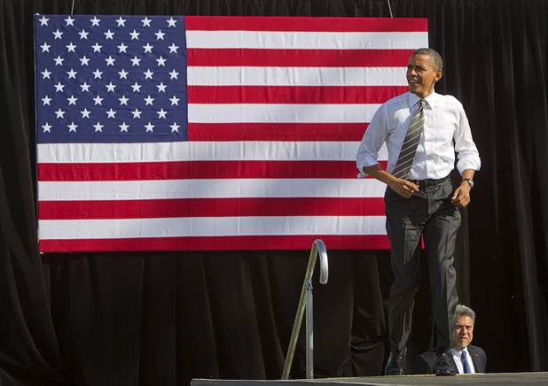President Barack Obama arrives for a campaign rally at the Cheyenne Sports Complex near the College of Southern Nevada in North Las Vegas Thursday, Nov. 1, 2012.