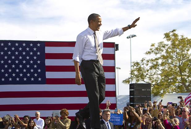 President Barack Obama arrives for a campaign rally at the Cheyenne Sports Complex near the College of Southern Nevada in North Las Vegas Thursday, Nov. 1, 2012.