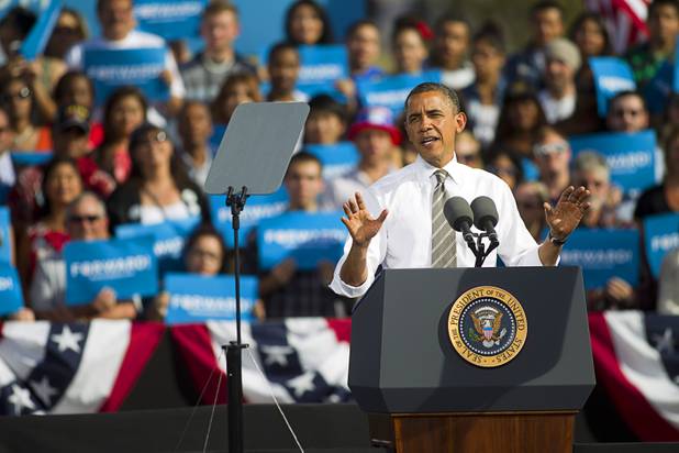 President Barack Obama speaks during at a campaign rally at the Cheyenne Sports Complex near the College of Southern Nevada in North Las Vegas Thursday, Nov. 1, 2012.