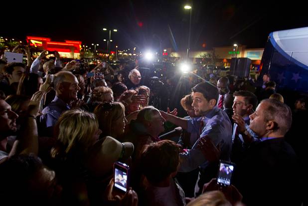 Republican vice presidential candidate Paul Ryan greets supporters during a campaign stop in Las Vegas Thursday Nov. 1, 2012.