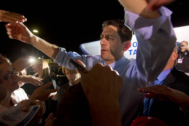 Republican vice presidential candidate Paul Ryan greets supporters during a campaign stop in Las Vegas Thursday Nov. 1, 2012.