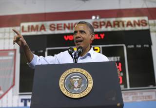 President Barack Obama gestures as he speaks during a campaign event at Lima Senior High School, Friday, Nov. 2, 2012, in Lima, Ohio. (AP Photo/Pablo Martinez Monsivais)