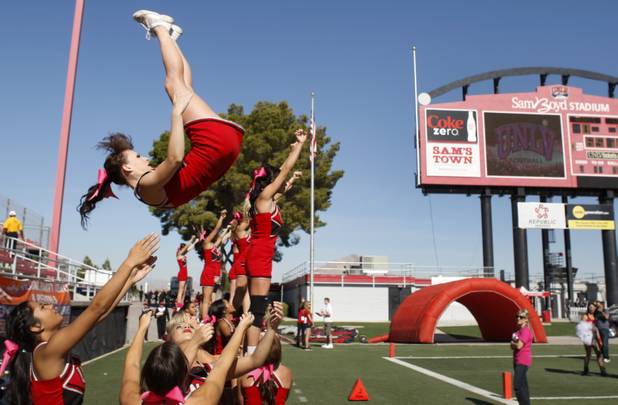 UNLV cheerleaders warm up before UNLV's game against New Mexico at Sam Boyd Stadium on Saturday, Nov. 3, 2012. 
