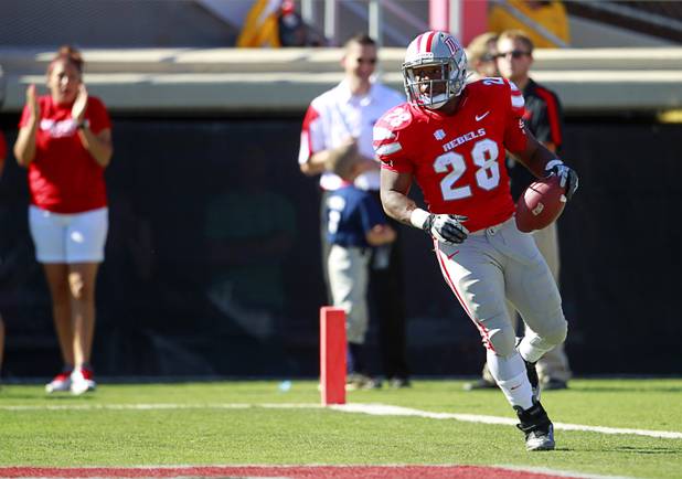 Bradley Randle is shown in the end zone after scoring UNLV's third touchdown in the first half of their gamer against New Mexico at Sam Boyd Stadium Sunday, Nov. 3, 2012.