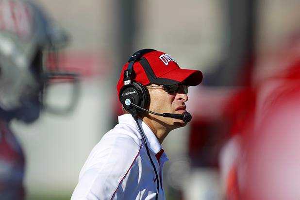 UNLV coach Bobby Hauck keeps watch during UNLV's game against New Mexico at Sam Boyd Stadium Saturday, Nov. 3, 2012.
