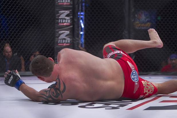 Heavyweight Devin Cole of Medford, Ore. falls to the mat after being hit with a combination from Andrei Arlovski of Belarus during the World Series of Fighting debut at the PH Live theater at Planet Hollywood Saturday, Nov. 3, 2012. The event was broadcast live on the NBC Sports Network.