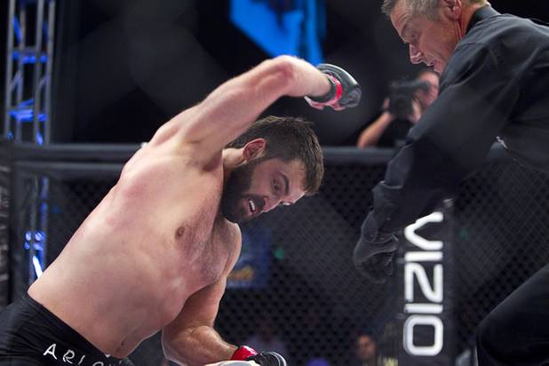 A referee, right, moves in to stop the fight as heavyweight Andrei Arlovski of Belarus pummels Devin Cole of Medford, Ore. during the World Series of Fighting debut at the PH Live theater at Planet Hollywood Saturday, Nov. 3, 2012. The event was broadcast live on the NBC Sports Network.
