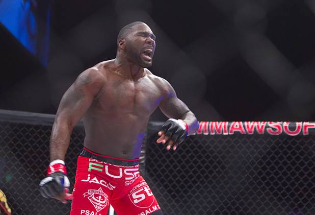 Anthony Johnson of Boca Raton, Fla., celebrates his victory over DJ Linderman of Yreka, Calif., during his World Series of Fighting debut in the PH Live theater at Planet Hollywood on Saturday, Nov. 3, 2012. 