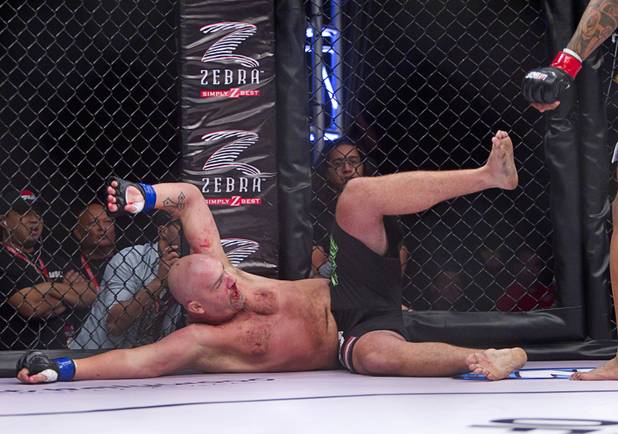 Travis Bartlett of Maine falls to the mat after a punch from Tyrone Spong of Jupiter, Fla. during the World Series of Fighting debut in the PH Live theater at Planet Hollywood Saturday, Nov. 3, 2012. The event was broadcast live on the NBC Sports Network.